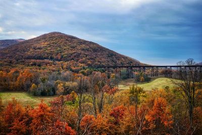 Scenic view of mountains against sky during autumn