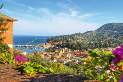 High angle view of town by sea