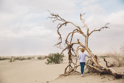 Rear view of woman standing by fallen tree against cloudy sky at death valley national park