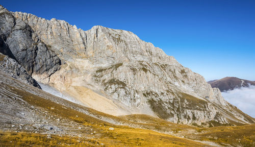 Scenic view of mountains against clear blue sky