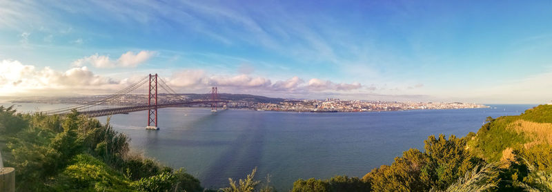 Panoramic view of suspension bridge over river