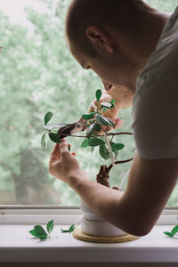 Close-up of man cutting potted plant leaves on window sill