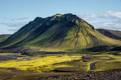 Black and green mountain landscape in the highlands of iceland