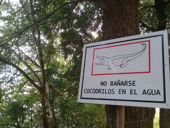 Low angle view of road sign by trees in forest