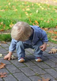 Full length of baby boy crouching on footpath in park