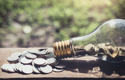 Close-up of coins spilling out of light bulb