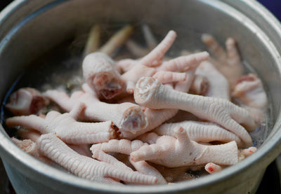 High angle view of meat in container