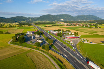 High angle view of agricultural field against sky