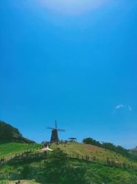 Traditional windmill on landscape against blue sky