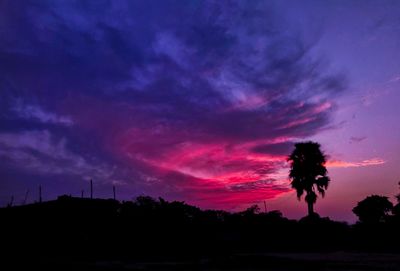 Silhouette trees against dramatic sky during sunset