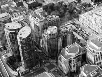 High angle view of modern buildings in city