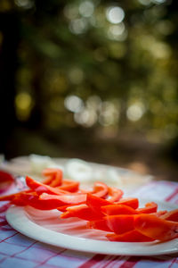 Slice of red bell peppers in plate on table