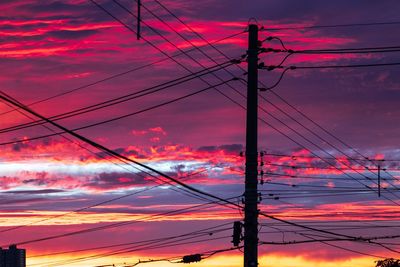 Low angle view of electricity pylon against dramatic sky