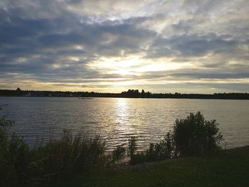 Scenic view of lake against cloudy sky