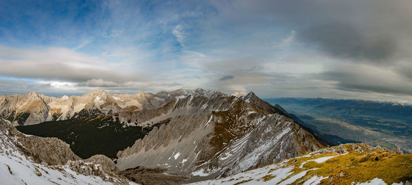 Panoramic view of snowcapped mountains against sky