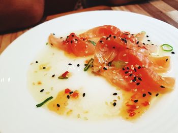 High angle view of fish served in plate on table