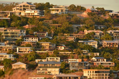 High angle view of houses in city