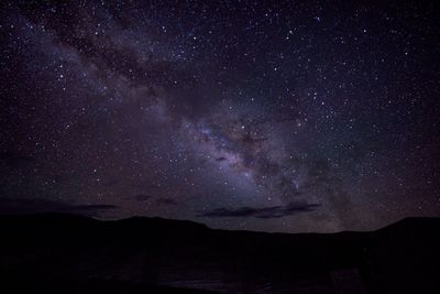 Scenic view of silhouette mountain against star field