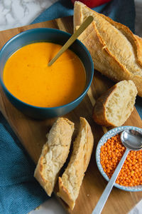 High angle view of breakfast on table