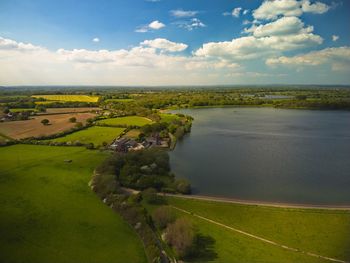 Arlington reservoir, sussex, uk. an aerial shot of the reservoir and surrounding landscape.