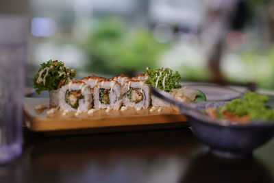 Close-up of sushi in plate on table