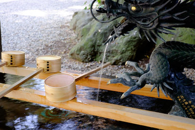 Close-up of wooden ladles over water