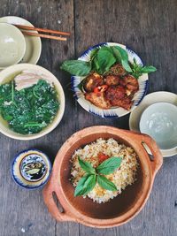 Directly above shot of food served on table