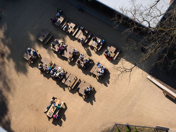 High angle view of people on street in city