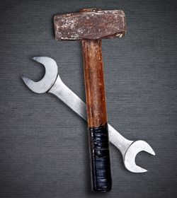 High angle view of work tools on table