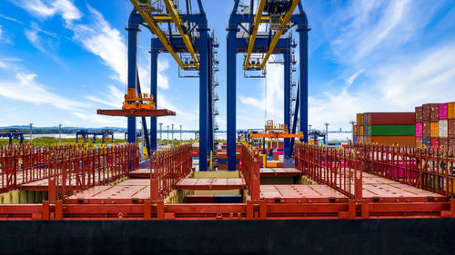 Commercial dock by pier against sky