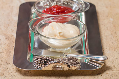 High angle view of ice cream in glass on table