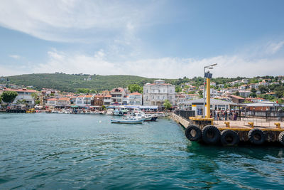 View of sea and buildings against sky