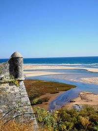 Scenic view of sea against clear blue sky