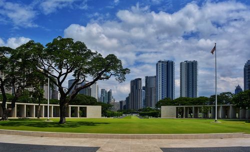 View of buildings in city against cloudy sky