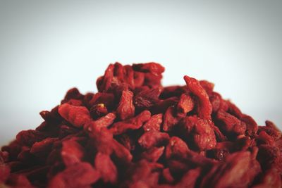 Close-up of red berries over white background