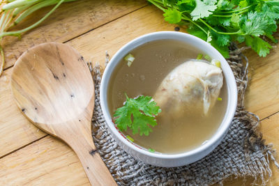 High angle view of soup in bowl on table