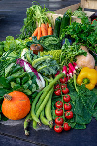 High angle view of vegetables on table