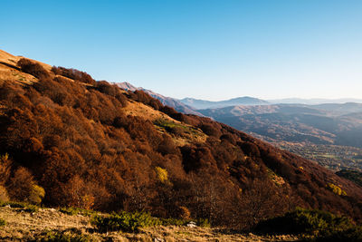 Scenic view of mountains against clear blue sky