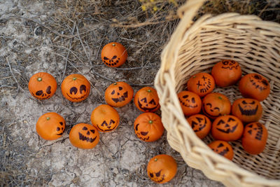 Anthropomorphic faces drawn on oranges at farm during halloween