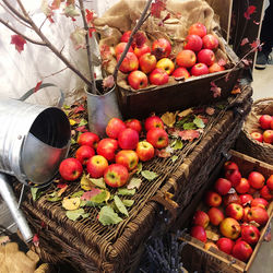 High angle view of apples in basket for sale at market