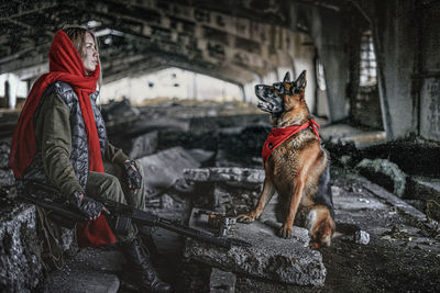 Dog sitting in front of building