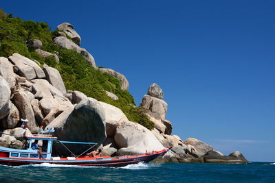 Boat on rock by sea against clear blue sky