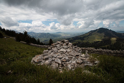 Scenic view of landscape and mountains against sky