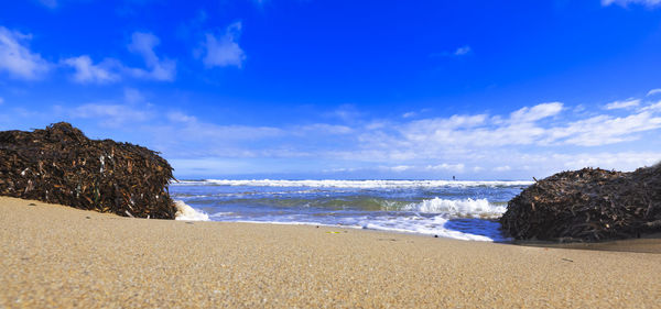 Scenic view of beach against blue sky