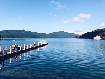 Scenic view of lake against blue sky