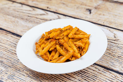 High angle view of food in plate on table