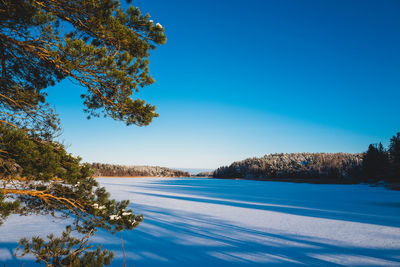 Scenic view of sea against clear blue sky