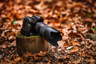 Camera on field during autumn