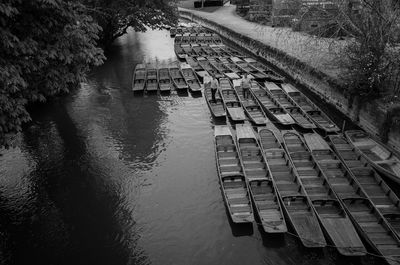 High angle view of boats moored in lake