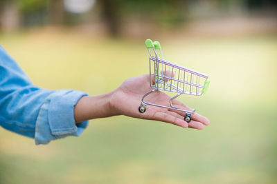 Close-up of woman holding figurine shopping cart